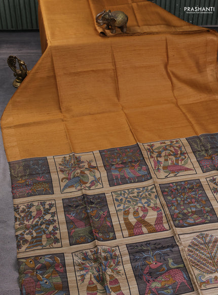 Pure dupion silk saree dark mustard and multi colour with plain body and concept printed pallu