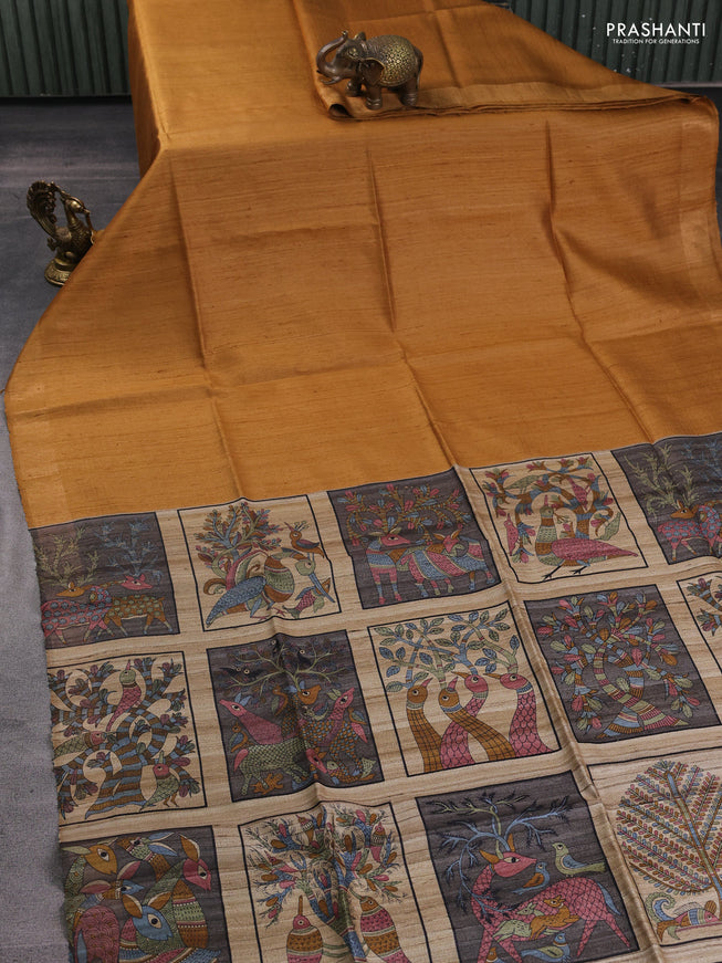 Pure dupion silk saree dark mustard and multi colour with plain body and concept printed pallu
