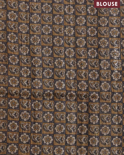 Pure dupion silk saree dark mustard and multi colour with plain body and concept printed pallu