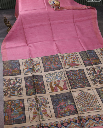 Pure dupion silk saree dark peach pink and multi colour with plain body and concept printed pallu