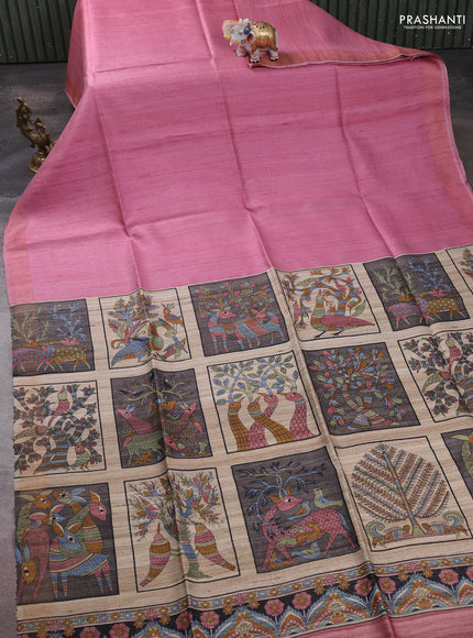 Pure dupion silk saree dark peach pink and multi colour with plain body and concept printed pallu