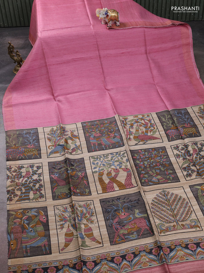 Pure dupion silk saree dark peach pink and multi colour with plain body and concept printed pallu