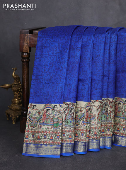 Pure printed silk saree blue with allover prints and madhubani printed zari woven border