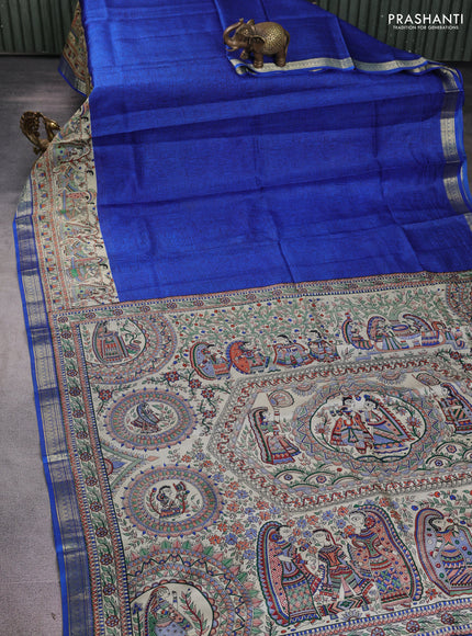 Pure printed silk saree blue with allover prints and madhubani printed zari woven border