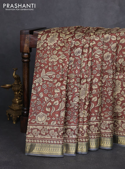 Pure printed silk saree coffee brown and grey with allover kalamkari prints and zari woven border