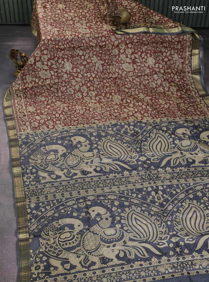 Pure printed silk saree coffee brown and grey with allover kalamkari prints and zari woven border