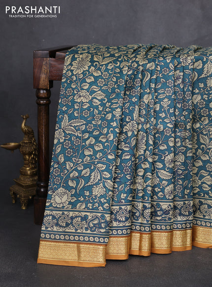 Pure printed silk saree grey and mustard yellow with allover kalamkari prints and zari woven border