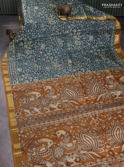 Pure printed silk saree grey and mustard yellow with allover kalamkari prints and zari woven border