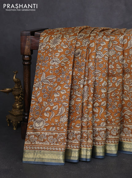 Pure printed silk saree mustard yellow and grey with allover kalamkari prints and zari woven border