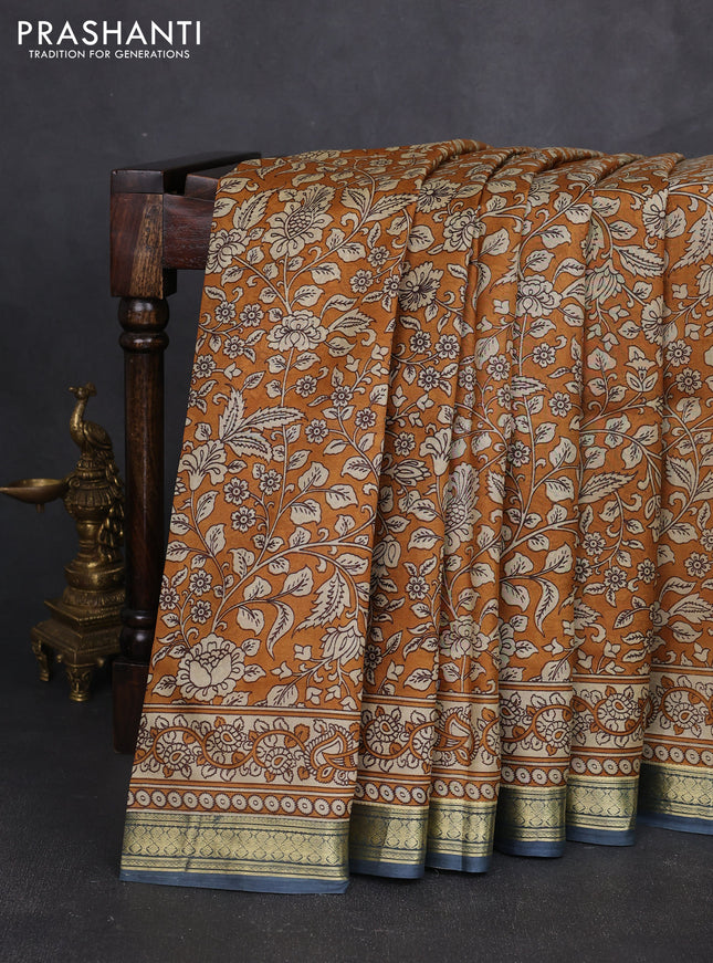 Pure printed silk saree mustard yellow and grey with allover kalamkari prints and zari woven border