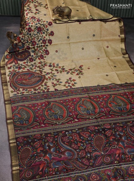 Pure printed silk saree beige and coffee brown with allover kalamkari prints and zari woven border