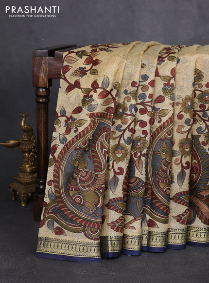 Pure printed silk saree beige and navy blue with allover kalamkari prints and zari woven border