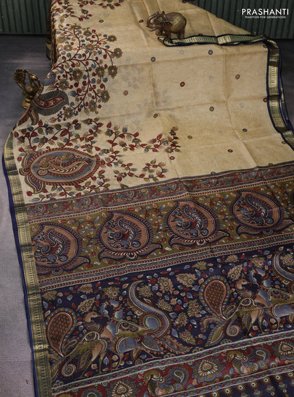 Pure printed silk saree beige and navy blue with allover kalamkari prints and zari woven border