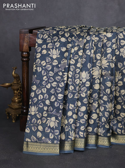 Pure printed silk saree dark grey with allover kalamkari prints and zari woven border