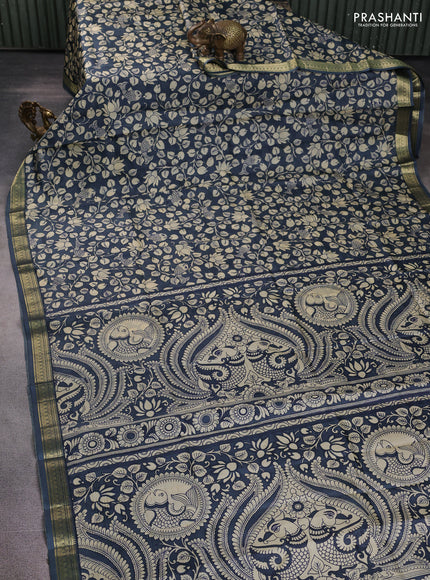 Pure printed silk saree dark grey with allover kalamkari prints and zari woven border