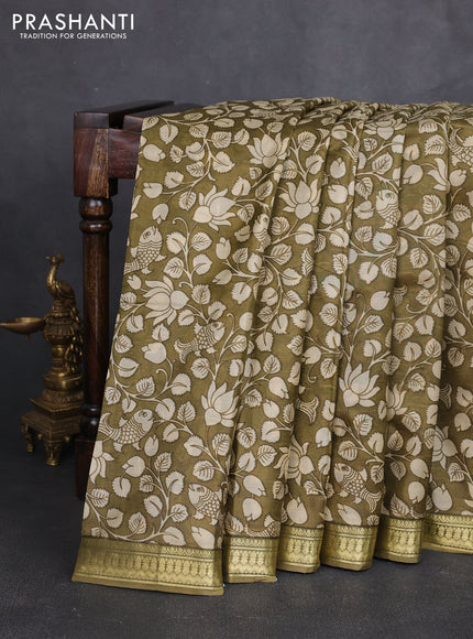 Pure printed silk saree mehendi green with allover kalamkari prints and zari woven border