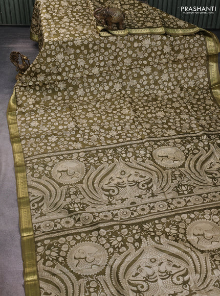 Pure printed silk saree mehendi green with allover kalamkari prints and zari woven border