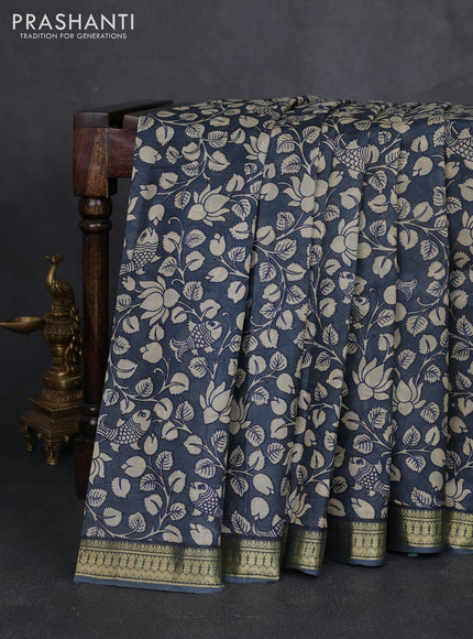 Pure printed silk saree grey with allover kalamkari prints and zari woven border