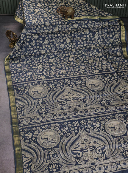 Pure printed silk saree grey with allover kalamkari prints and zari woven border