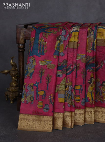 Pure printed silk saree peach pink and brown with allover kalamkari prints and thread woven border