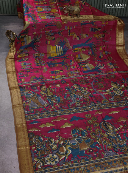 Pure printed silk saree peach pink and brown with allover kalamkari prints and thread woven border