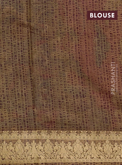 Pure printed silk saree peach pink and brown with allover kalamkari prints and thread woven border