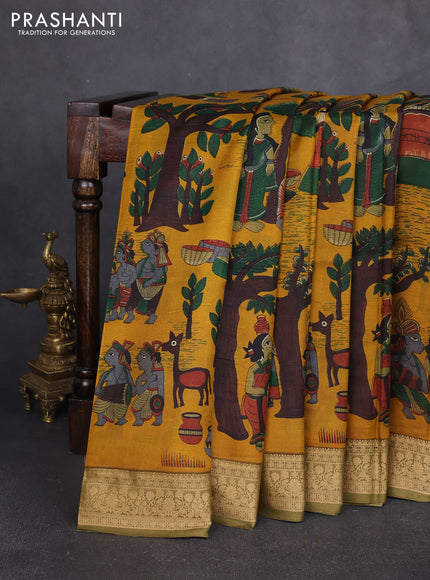 Pure printed silk saree mustard yellow and mehendi green with allover kalamkari prints and thread woven border