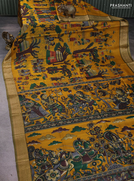 Pure printed silk saree mustard yellow and mehendi green with allover kalamkari prints and thread woven border