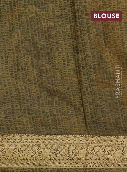 Pure printed silk saree mustard yellow and mehendi green with allover kalamkari prints and thread woven border