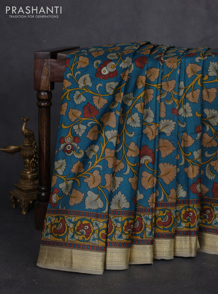 Pure printed silk saree teal blue and beige with allover kalamkari prints and zari woven border