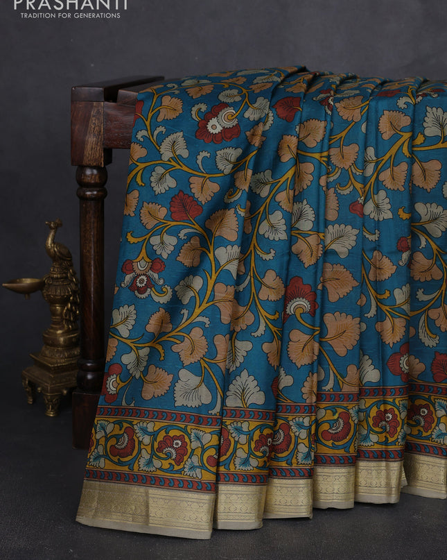 Pure printed silk saree teal blue and beige with allover kalamkari prints and zari woven border