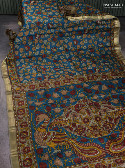 Pure printed silk saree teal blue and beige with allover kalamkari prints and zari woven border