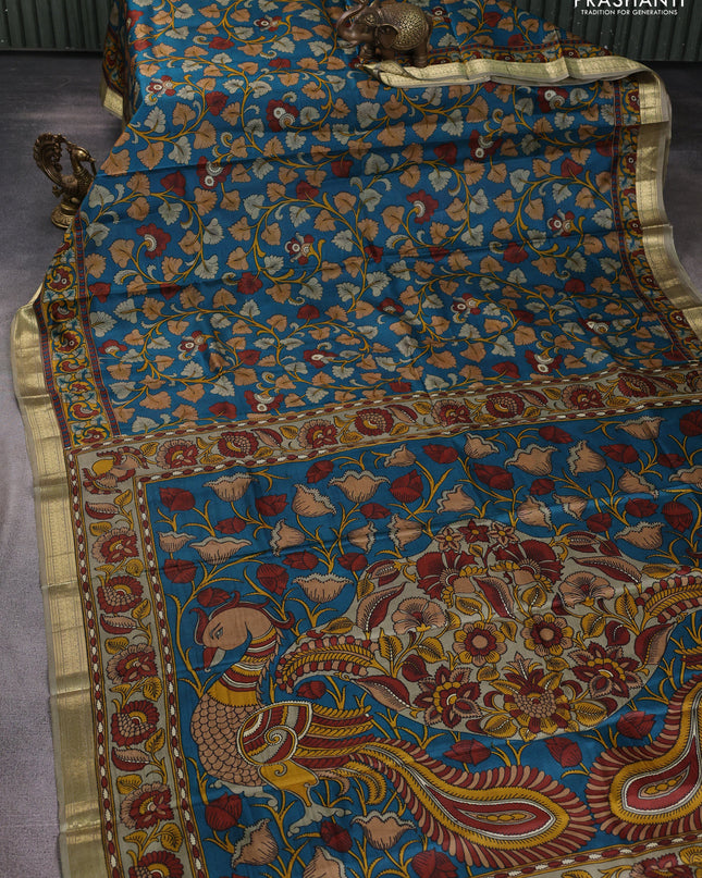 Pure printed silk saree teal blue and beige with allover kalamkari prints and zari woven border