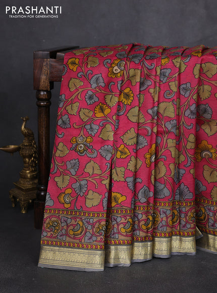 Pure printed silk saree pink and grey with allover kalamkari prints and zari woven border