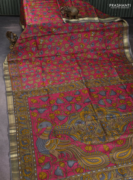 Pure printed silk saree pink and grey with allover kalamkari prints and zari woven border