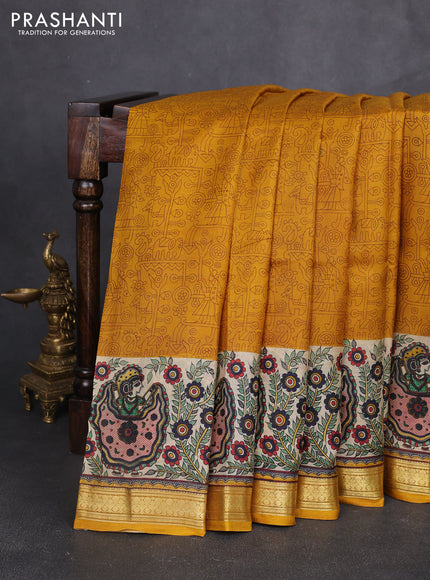 Pure printed silk saree mustard yellow with allover prints and madhubani printed zari woven border