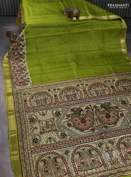 Pure printed silk saree light green with allover prints and madhubani printed zari woven border