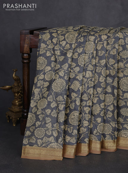 Pure printed silk saree grey and sandal with allover kalamkari prints and zari woven border