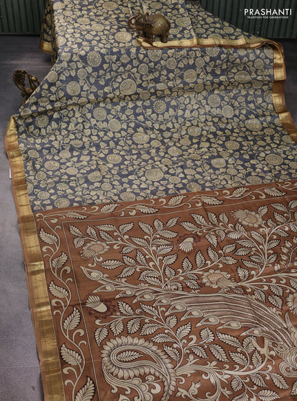 Pure printed silk saree grey and sandal with allover kalamkari prints and zari woven border