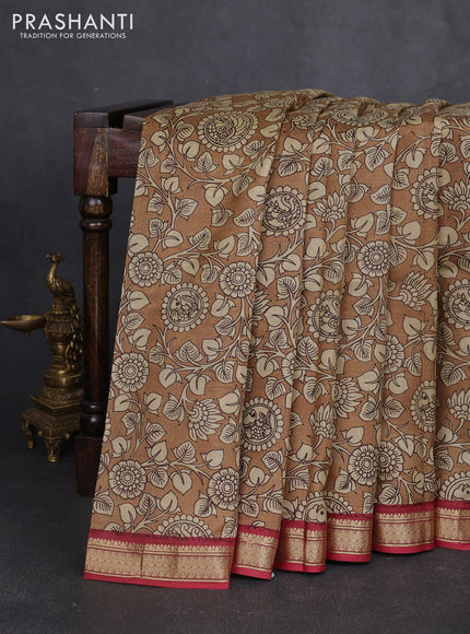 Pure printed silk saree brown and maroon with allover kalamkari prints and zari woven border