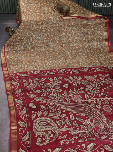 Pure printed silk saree brown and maroon with allover kalamkari prints and zari woven border