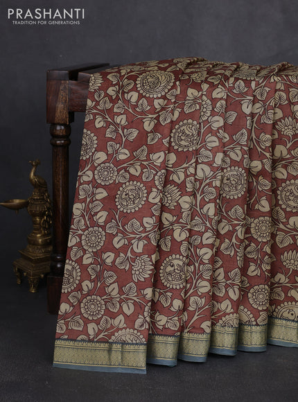 Pure printed silk saree brown and grey with allover kalamkari prints and zari woven border
