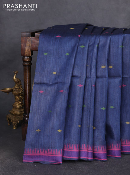 Munga tussar silk saree peacock blue and pink with thread woven geomatric buttas and organza pallu