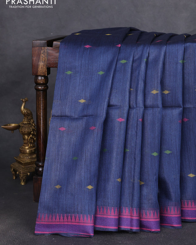 Munga tussar silk saree peacock blue and pink with thread woven geomatric buttas and organza pallu