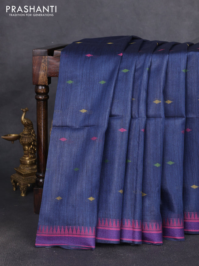 Munga tussar silk saree peacock blue and pink with thread woven geomatric buttas and organza pallu