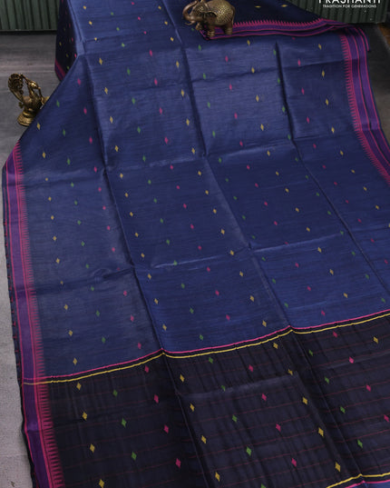 Munga tussar silk saree peacock blue and pink with thread woven geomatric buttas and organza pallu