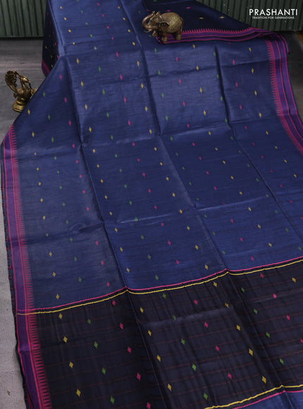 Munga tussar silk saree peacock blue and pink with thread woven geomatric buttas and organza pallu