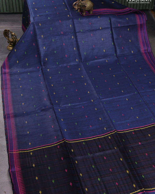 Munga tussar silk saree peacock blue and pink with thread woven geomatric buttas and organza pallu