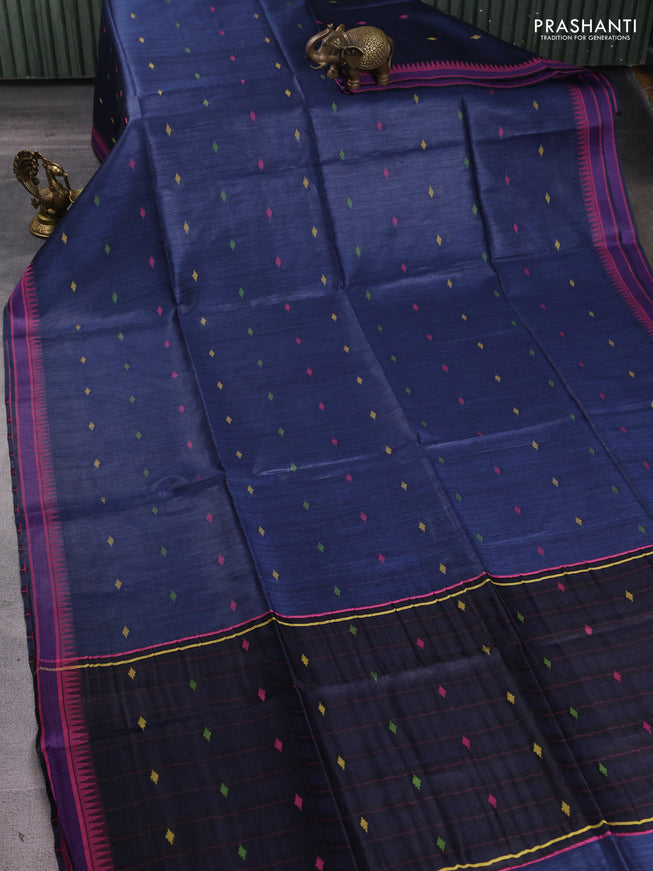 Munga tussar silk saree peacock blue and pink with thread woven geomatric buttas and organza pallu