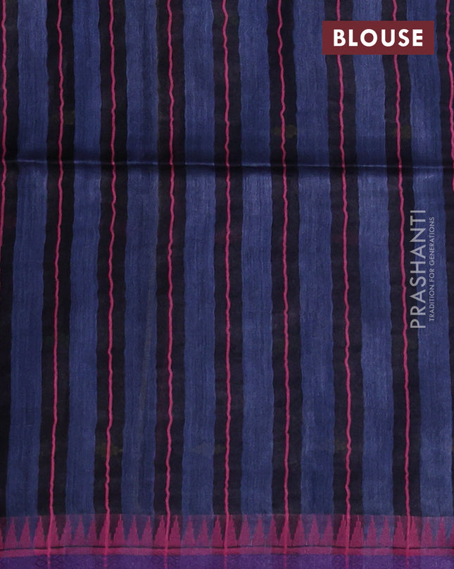 Munga tussar silk saree peacock blue and pink with thread woven geomatric buttas and organza pallu